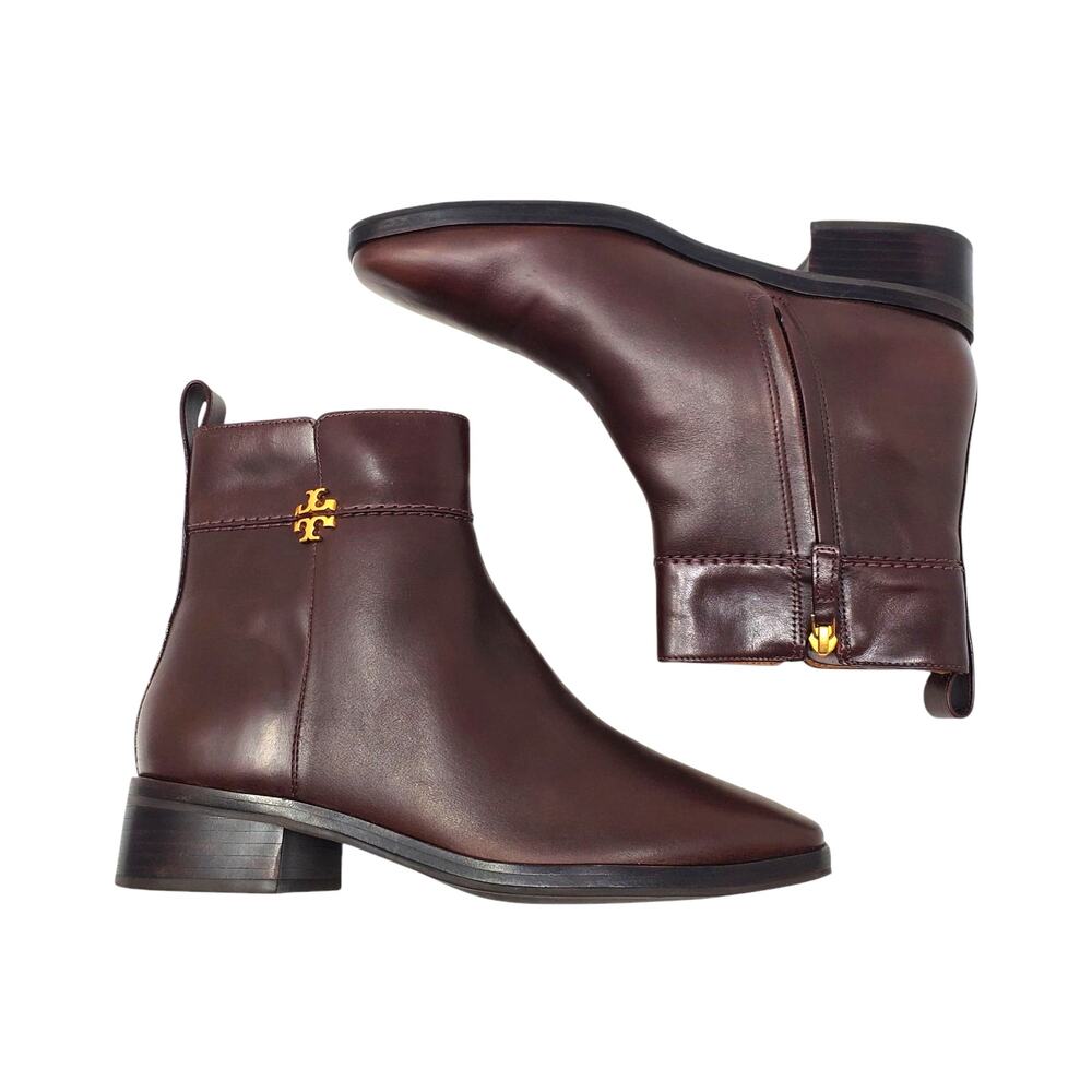 Tory Burch Women's Dark Brown Leather Ankle Boots with Gold Logo